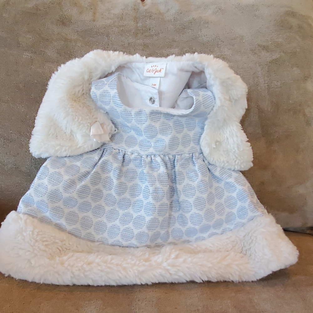 Cat & Jack Sparkly Blue White Dress w Fur Coat